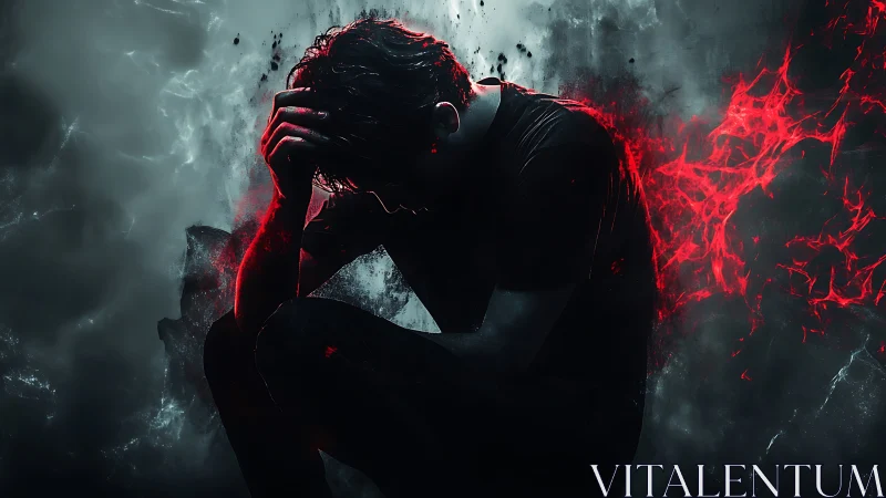 Silhouetted man crouched in turmoil with red energy burst.