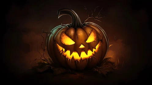 Carved jack o lantern displays internal light on dark ground
