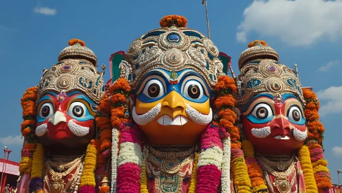 Vibrant Jagannath festival idols stand beneath a bright sky