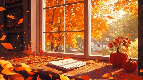 Autumn window interior with pumpkins and drifting leaf scatter.