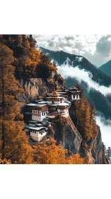 Clifftop monastery clings to autumn forest above roaming clouds