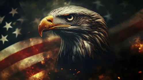Digital eagle head render aligned with blurred flag backdrop