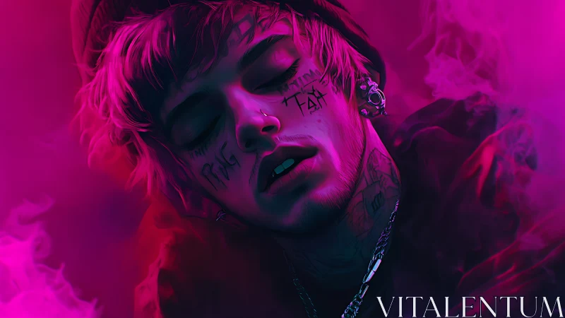 Dreamy neon portrait in soft pink and violet haze.