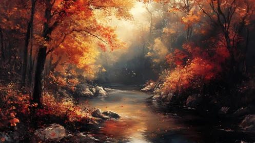 Golden autumn river glows beneath soft morning light.