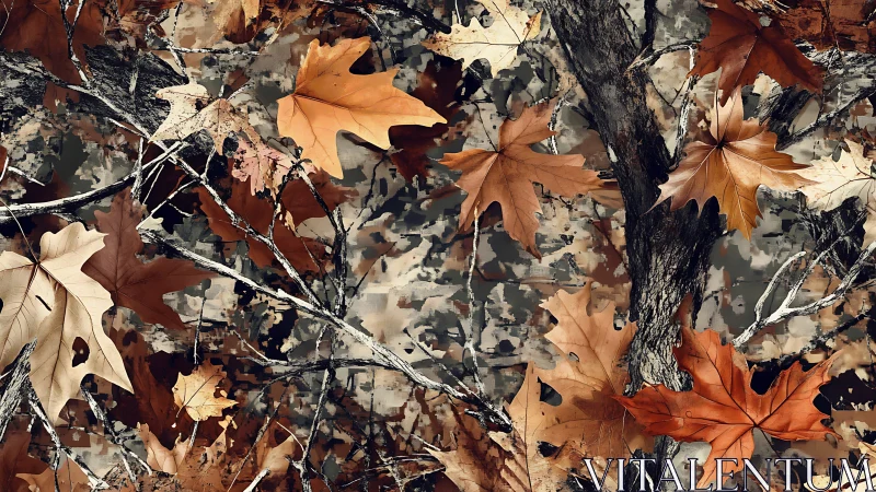 Autumn foliage overlays rugged bark in dense camouflage pattern