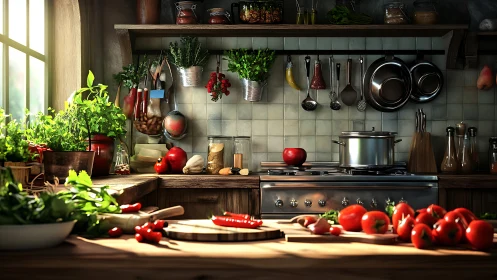 Sunlit rustic kitchen celebrates fresh vegetables in preparation