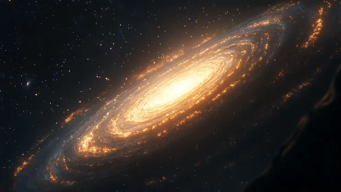 Radiant spiral galaxy glows with dense golden starfields.