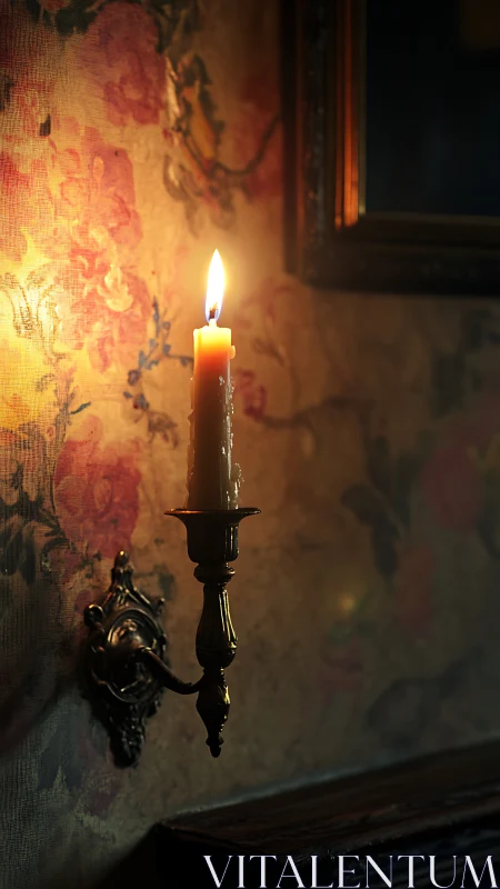 Single candle sconce glows softly against vintage floral wall