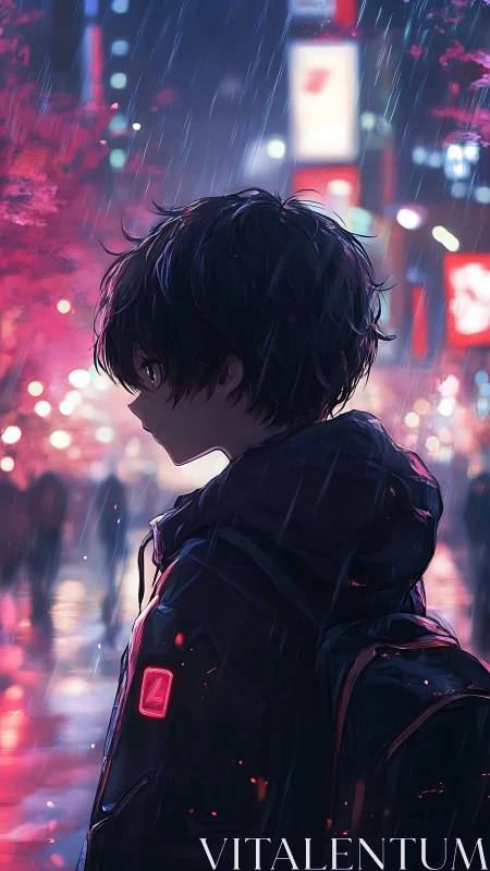 Solitary teen silhouette in neon soaked city rain.