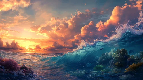 Glowing ocean sunset embracing coral reefs and rolling waves.
