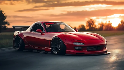 Lowered red sports coupe on empty track at sunset.