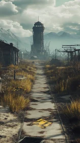 Desolate tower corridor under moody post apocalyptic sky.