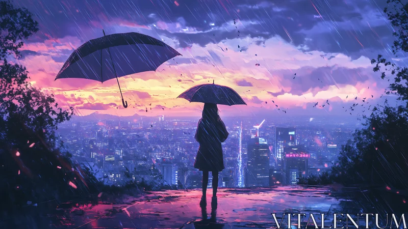 Solitary figure with umbrella overlooking rainy neon city.