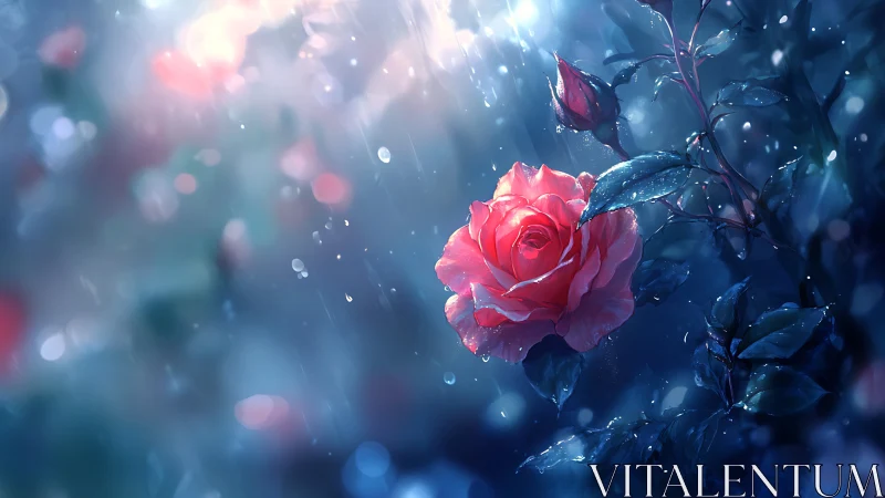 Luminous Pink Rose Blooming in Rain and Bokeh Light