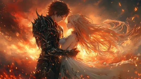Ember-clad knight embraces starlit bride in molten dusk.