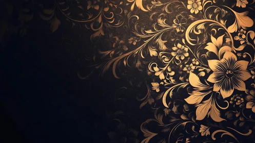 Gold Floral Ornamental Pattern on Black Background.
