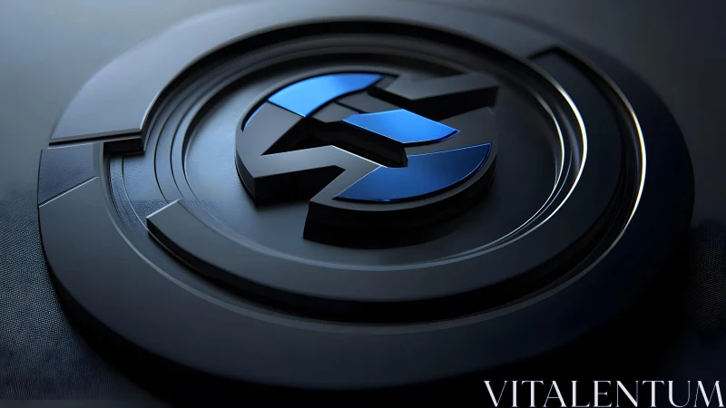 Futuristic blue and black 3D logo on circular metallic background.