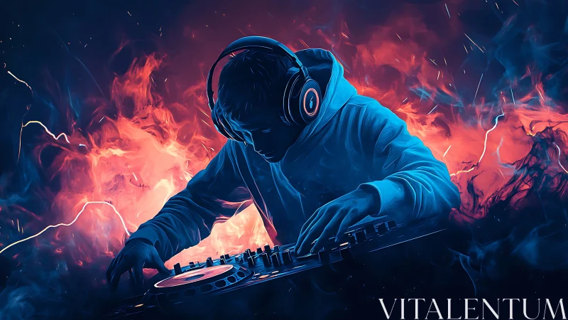 DJ in hoodie mixes on turntable amid blue and red flames