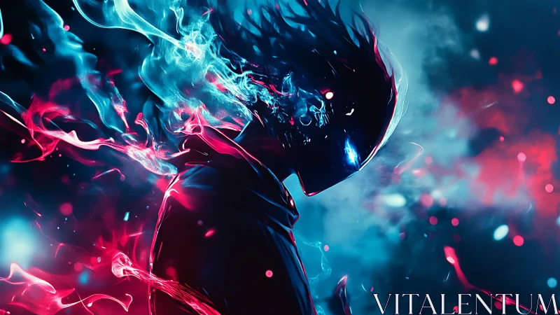 Hooded humanoid profile rendered in blue and red energy effects