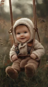 Smiling baby on rustic swing wears cozy autumn knitwear
