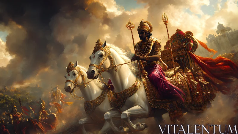 Armored charioteer drives ornate steeds through burning battlefield