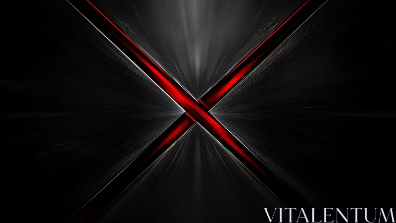 Futuristic metallic red X on dark radiant abstract background.