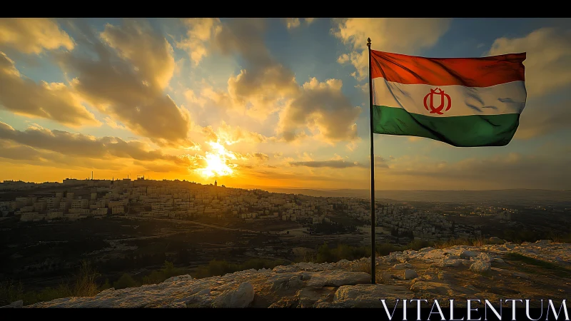 Sunlit tricolor flag over terraced hillside cityscape at dusk.