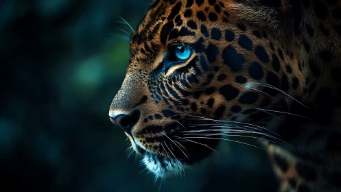 Luminous-eyed leopard profile rendered with striking teal iris intensity.