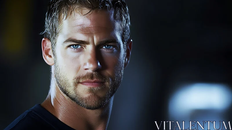 Intense close up portrait of man with blue eyes in shadow