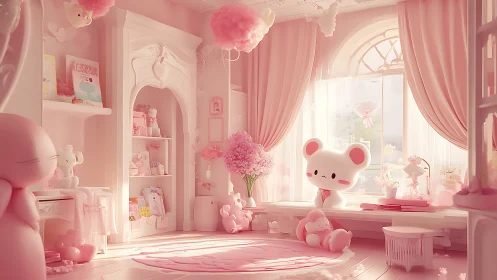 Pink cartoon character sits in softly lit pastel bedroom