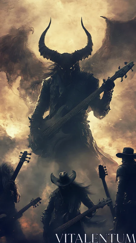 Demonic bass warlord leading infernal metal guitar legion.