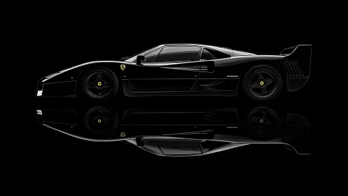 Black supercar side profile on glossy reflective surface.