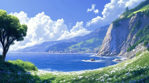 Peaceful cliffside shoreline bathed in soft coastal sunshine.