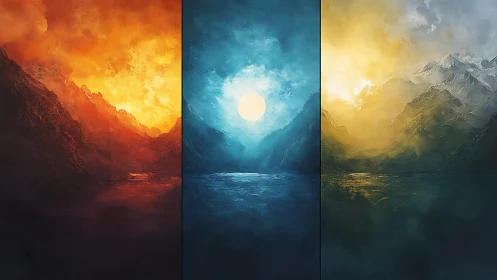 Triptych of chromatic mountain lakes under atmospheric gradients.