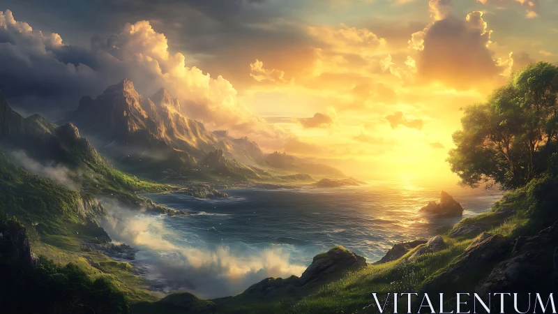 Luminous coastal mountains under volumetric sunrise atmosphere.