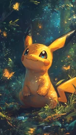 Electric creature in luminous forest with drifting fireflies.