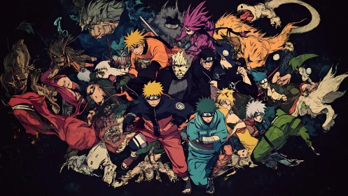 Dynamic anime ensemble illustration captures kinetic combat energy