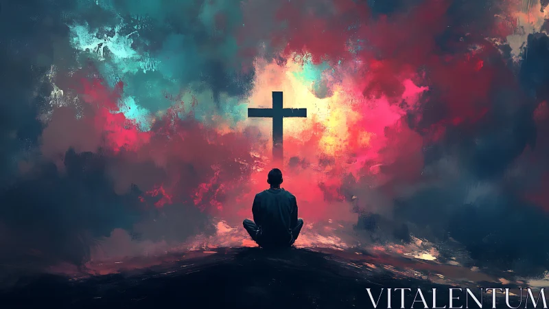 Solitary figure kneels before glowing cross in stormy sky