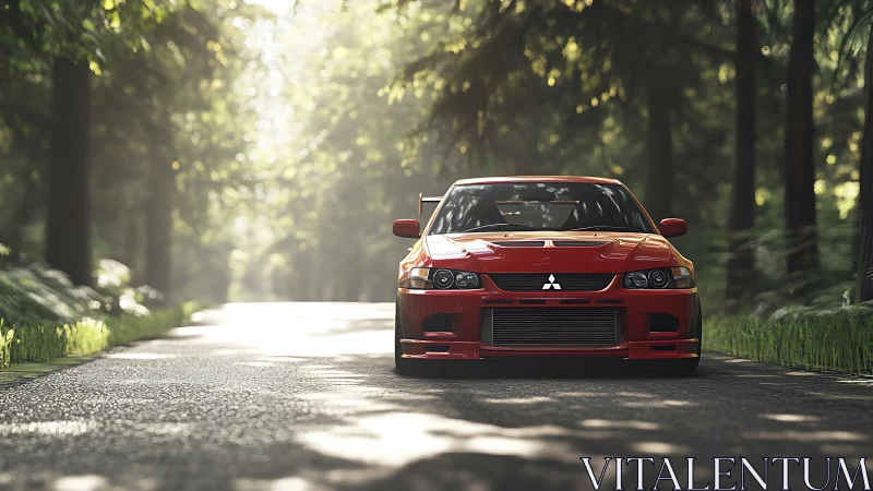 Red Mitsubishi Evo rally car on sunlit forest road, frontal view