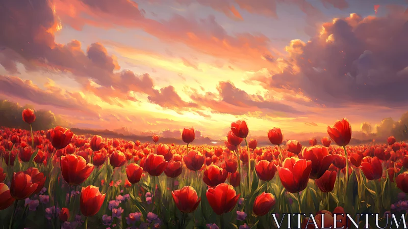 Sunset light over expansive red tulip field landscape.