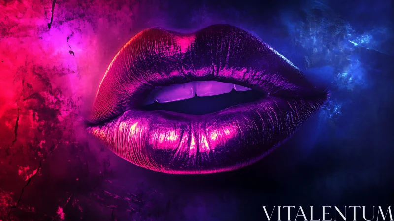 Luminous neon lips glow boldly in rich pink and blue light
