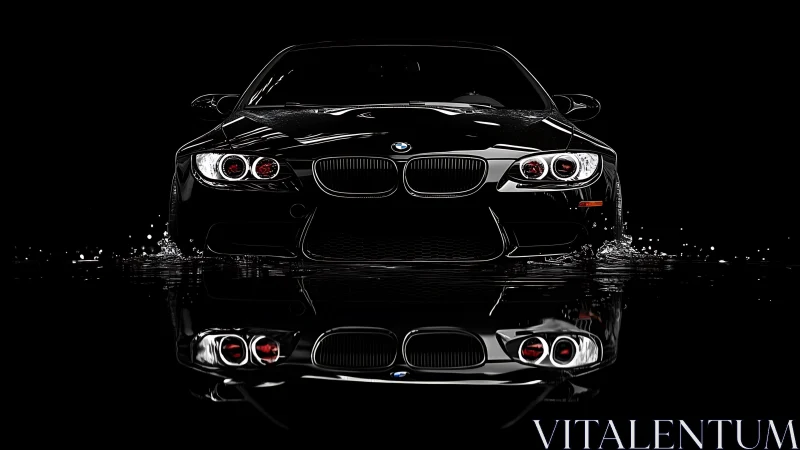 Glossy black sports car charges through water in darkness
