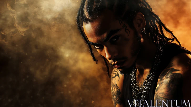 Low-key portrait isolates tattooed man with directional rim lighting