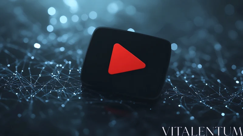 Red play icon on dark networked digital surface.