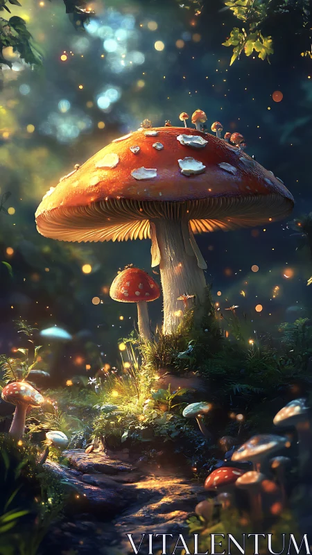 Giant glowing fly agaric dominates enchanted forest path