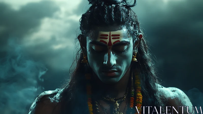 Serene blue-skinned figure in meditative front portrait.