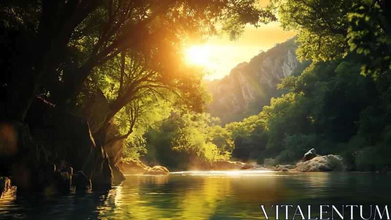 Golden river morning beneath quiet forest cliffs.