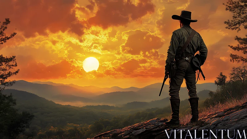 Lone cowboy observing vivid sunset over layered hills.