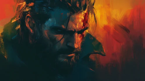 Brooding male warrior portrait in vivid fiery colors.