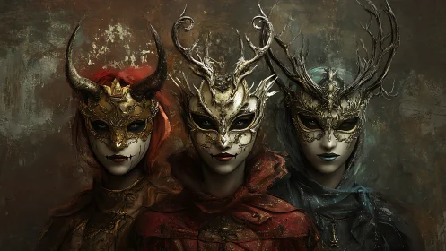 Enchanted masked trio gazes forward in dark fairytale calm
